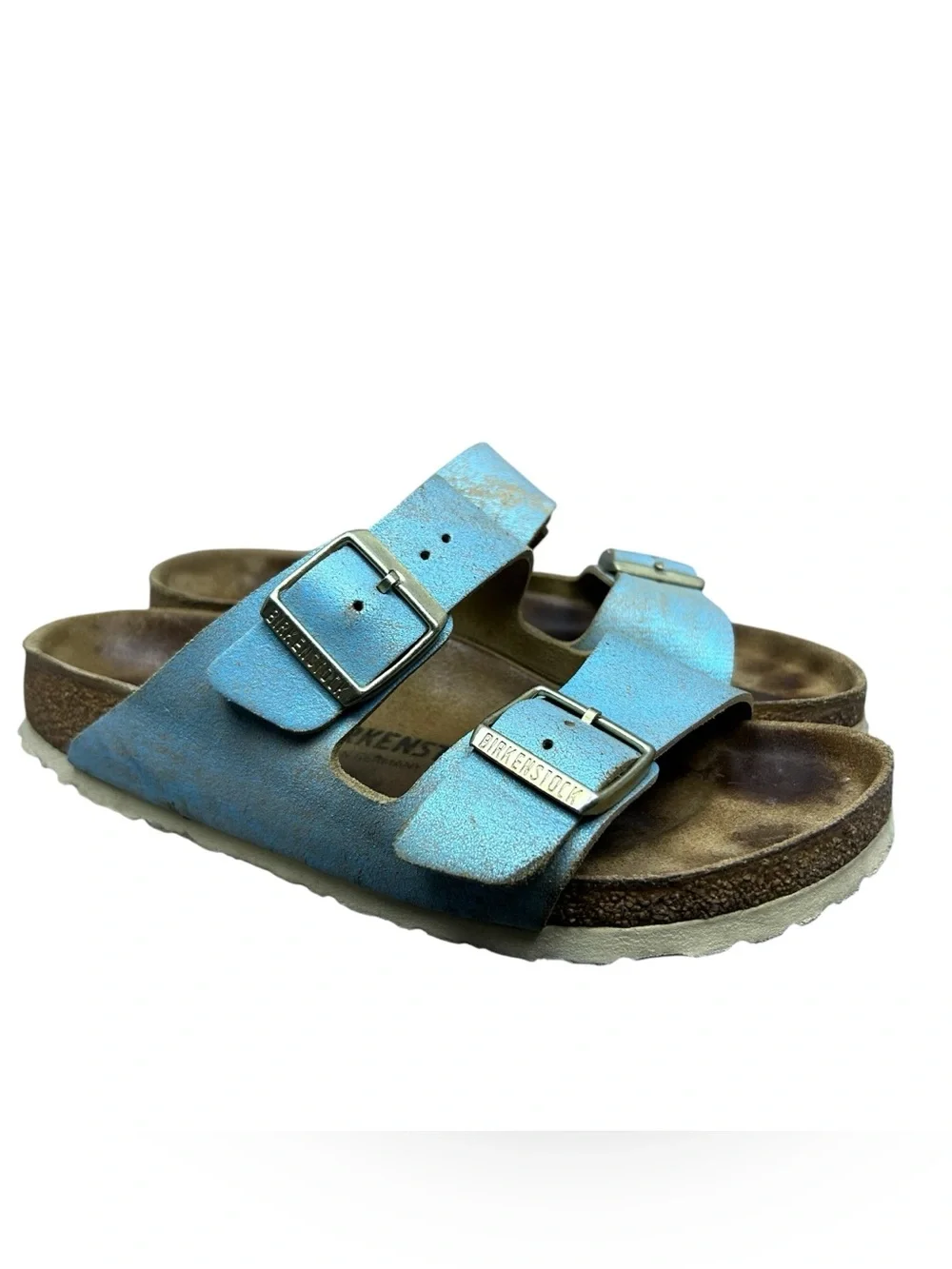 Birkenstock Womens Arizona Washed Metallic Aqua Suede Slides Sandals 38 EU/ 7 US